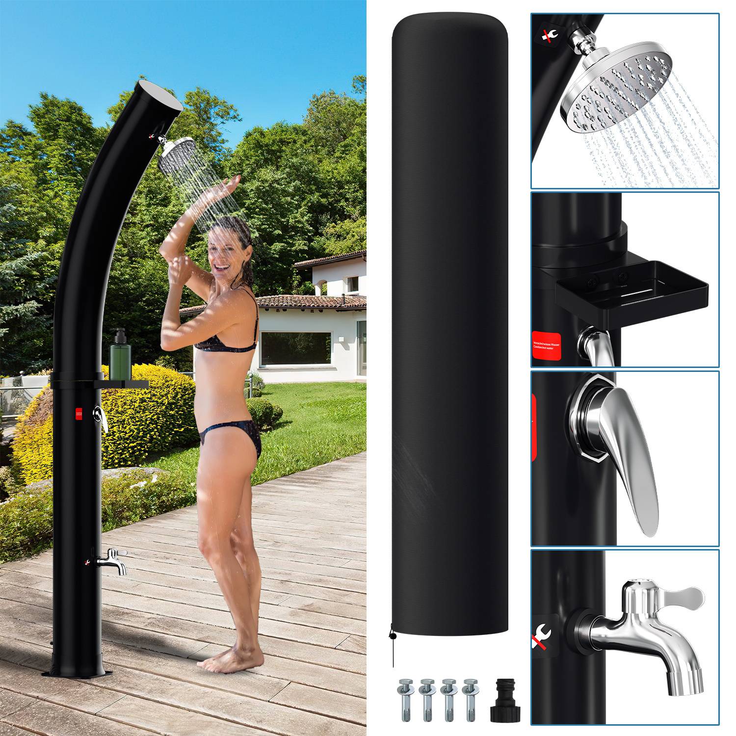 Eine Frau duscht im Freien neben einem Schwimmbecken mit einer schwarzen, bogenförmigen Solardusche. Nahaufnahmen zeigen die Details des Duschkopfes, des Griffs und des Wasserhahns.