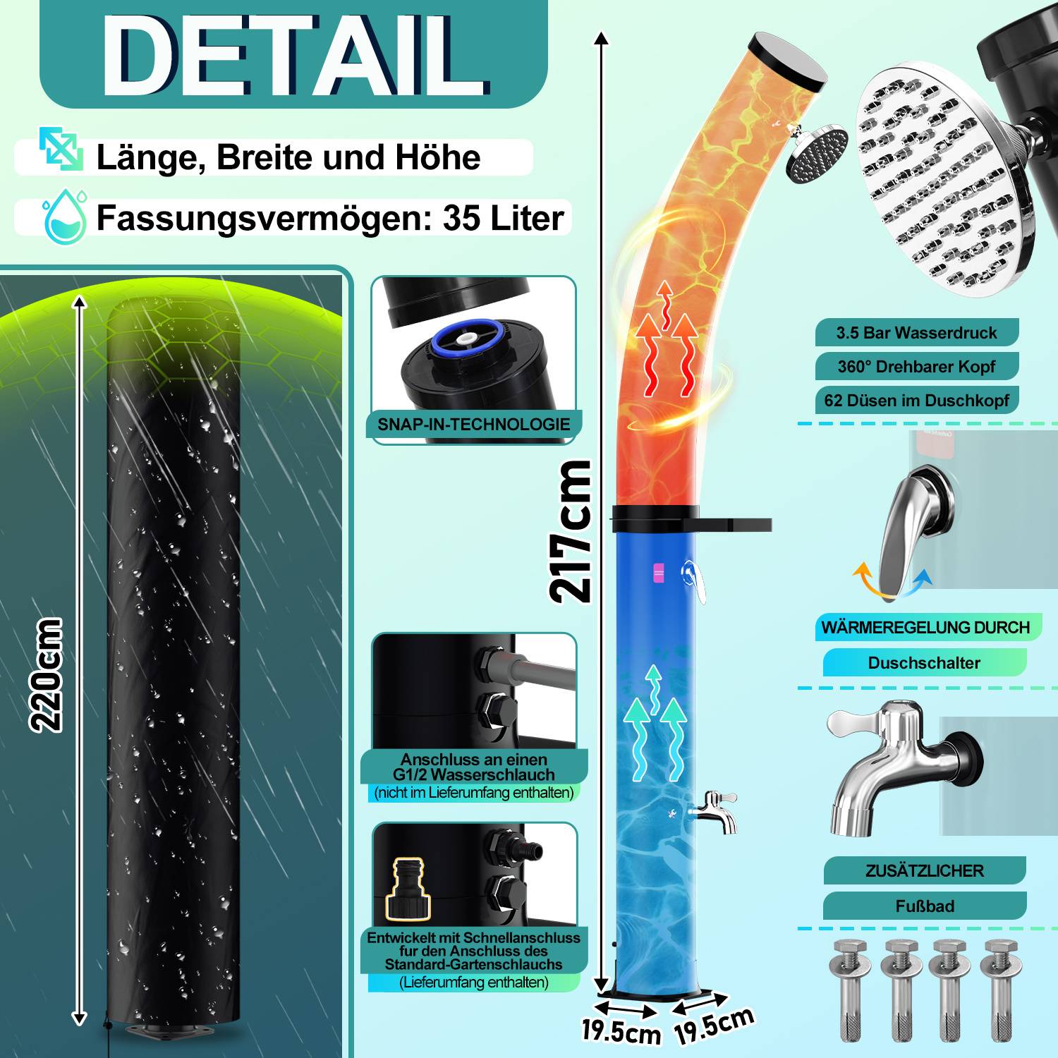 Duschturm-Details mit Abmessungen: 220 cm Höhe. Zu den Eigenschaften gehören ein um 360° drehbarer Kopf, Schnappbefestigung und Temperaturregelung.