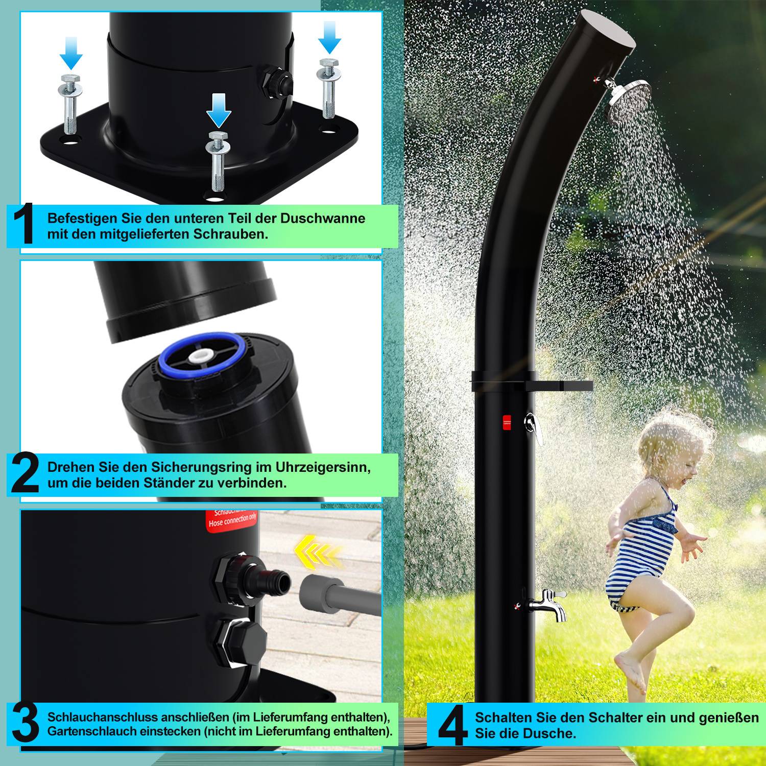 Das Bild zeigt eine Schritt-für-Schritt-Anleitung für die Installation und Verwendung einer Außendusche. Die Schritte zeigen das Befestigen, Verbinden von Schläuchen und das Betätigen eines Hebels.