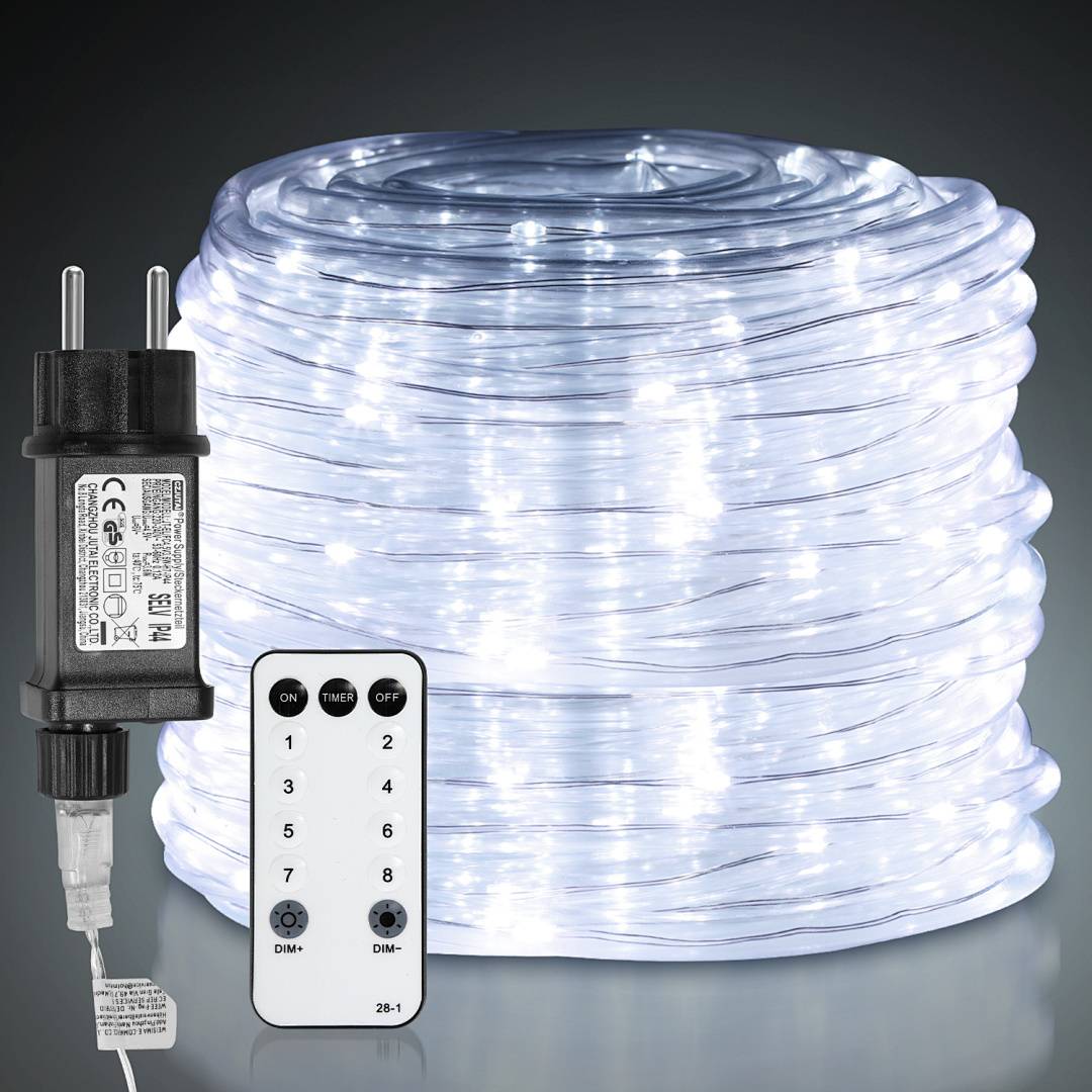 Aufgerolltes LED-Seilleuchte mit Fernbedienung, ausgestattet mit verschiedenen Lichteinstellungen. Schwarzer Stromadapter am Ende des Seils angebracht.