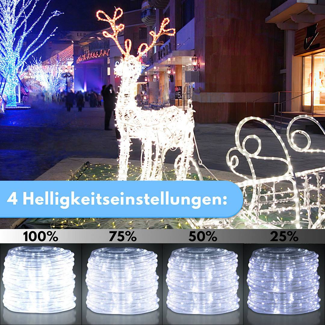Eine festliche Außenszene mit einer leuchtenden Rentierdekoration und anderen Lichtern. Darunter werden vier Helligkeitseinstellungen angezeigt: 100%, 75%, 50%, 25%.