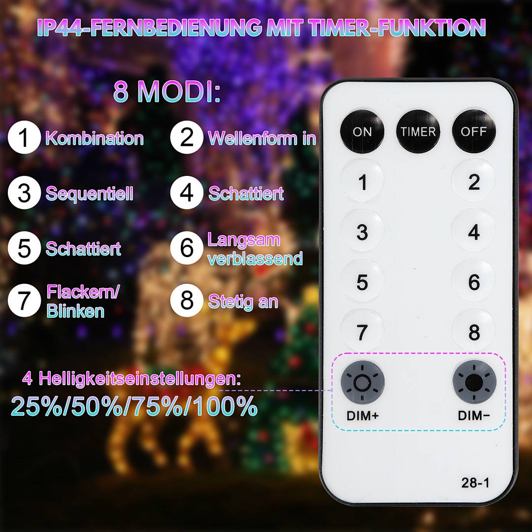 Fernbedienung mit Timerfunktion, die acht Modi anzeigt, wie Kombination, Sequenz und Blinking. Vier Helligkeitseinstellungen: 25%-100%.