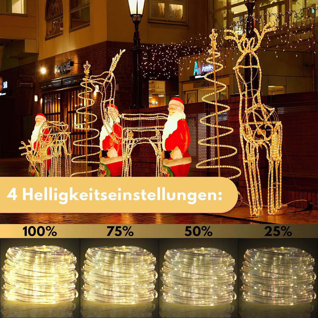 Outdoor-Feriendekorationsdisplay mit zwei Weihnachtsmannfiguren und einer aus Lichterketten gefertigten Rentierplastik; beschriftet mit „4 Helligkeitseinstellungen: 100%, 75%, 50%, 25%