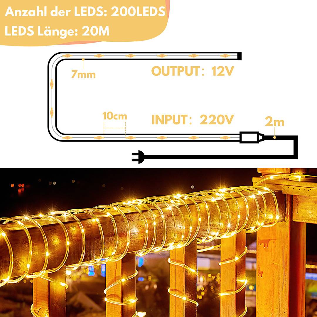 20m LED Lichtschlauch Außen Innen, Wasserfest LED Schlauch,Partylicht Dekobeleuchtung Weihnachten,WarmWeiß