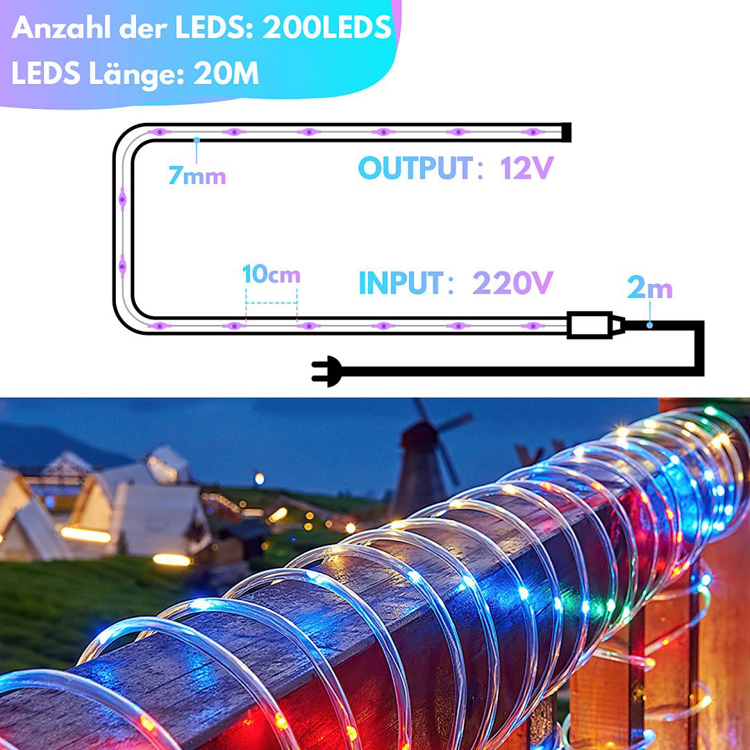 Anzahl der LEDs: 200 LEDs, Länge: 20m, Ausgang: 12V, Eingang: 220V'. Das Bild zeigt eine aufgerollte dekorative LED-Lichterkette mit mehrfarbigen Lichtern im Freien, mit Windmühlen im Hintergrund.