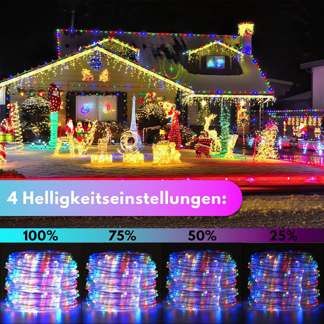 Ein Haus, das mit bunten Weihnachtslichtern geschmückt ist und Bäume sowie Figuren zeigt. Darunter sind vier Helligkeitseinstellungen dargestellt: 100%, 75%, 50%, 25%.