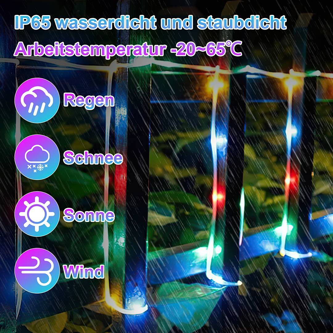 Farbige Lichter auf einem Zaun im Regen, beschriftet mit „IP65 wasserdicht und staubdicht