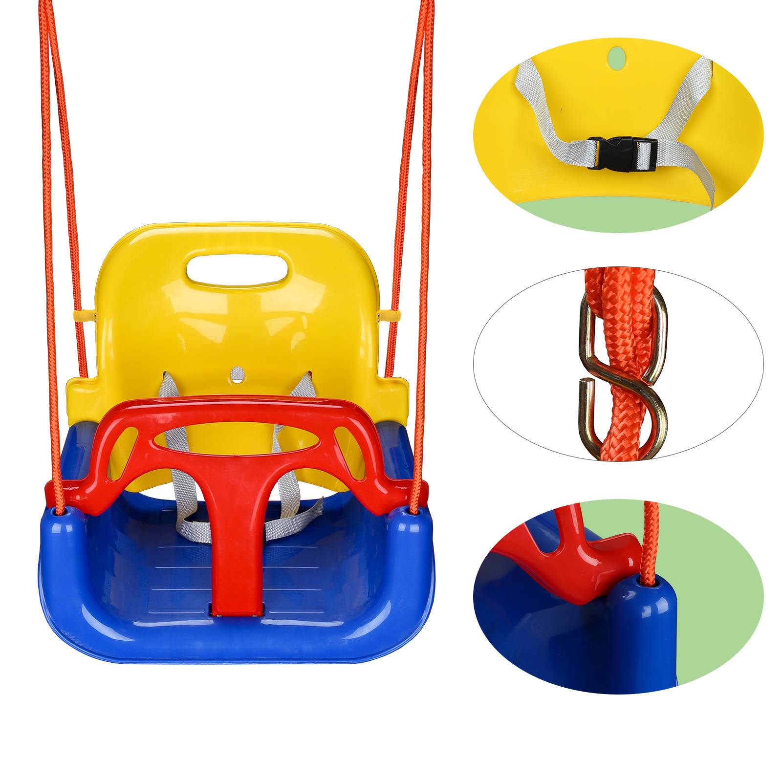 Ein farbenfroher 3-in-1-Kleinkinderaufschwung mit verstellbaren Riemen, strapazierfähigen roten Seilen, sicheren Haken und einem blauen Sitz mit gelbem Rückenteil.