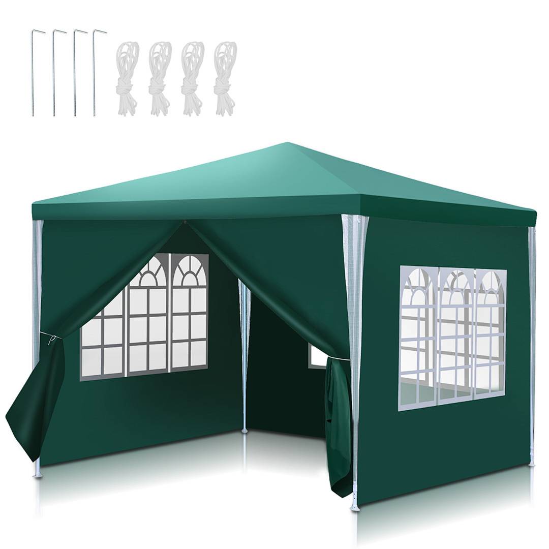 Ein grünes Outdoor-Pavillon-Zelt mit Fenstern, teilweise offenen Seiten und weißen Stützen. Oben sind vier Seile und Heringe zur Montage dargestellt.