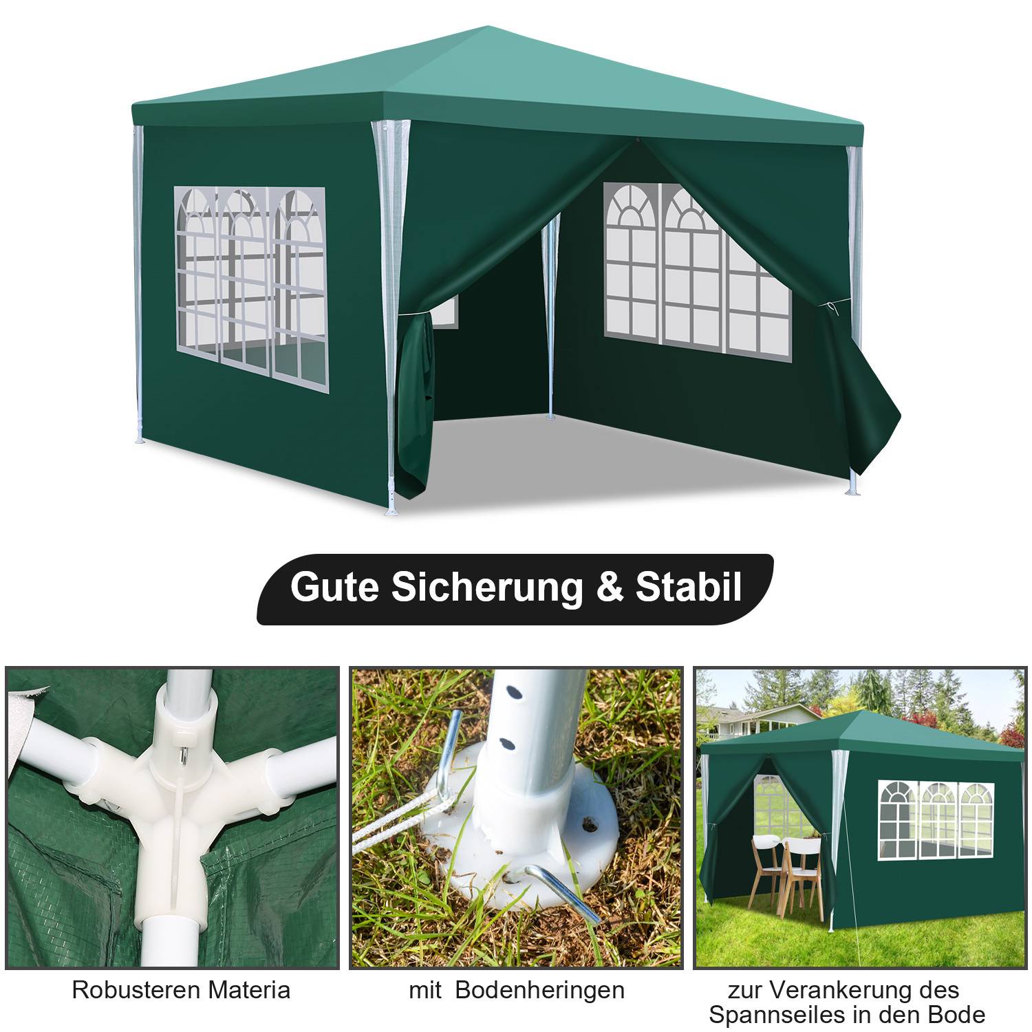 Ein grünes Pop-Up-Zelt mit Fenstern, das Stabilisierungsmerkmale zeigt: robustes Material, Heringe und Spannseile zur Verankerung. Text: 'Gute Sicherung & Stabil'.