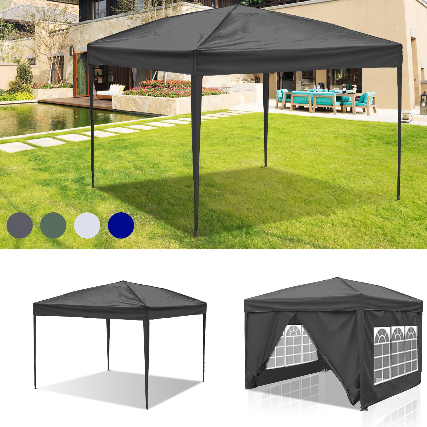 Ein dunkelgraues Outdoor-Baldachindelt ist auf einem Rasenhof neben einem Pool und Terrassenmöbeln aufgestellt. Es zeigt Front- und Seitenansichten des Zeltes.