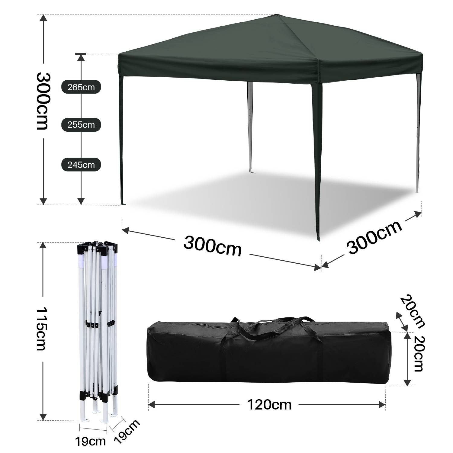 Ein grünes Outdoor-Baldachindach mit den Abmessungen 300cm x 300cm und 300cm Höhe. Die Abmessungen des zusammenklappbaren Rahmens betragen 115cm x 19cm x 19cm. Die schwarze Tragetasche hat die Abmessungen 120cm x 20cm x 20cm.