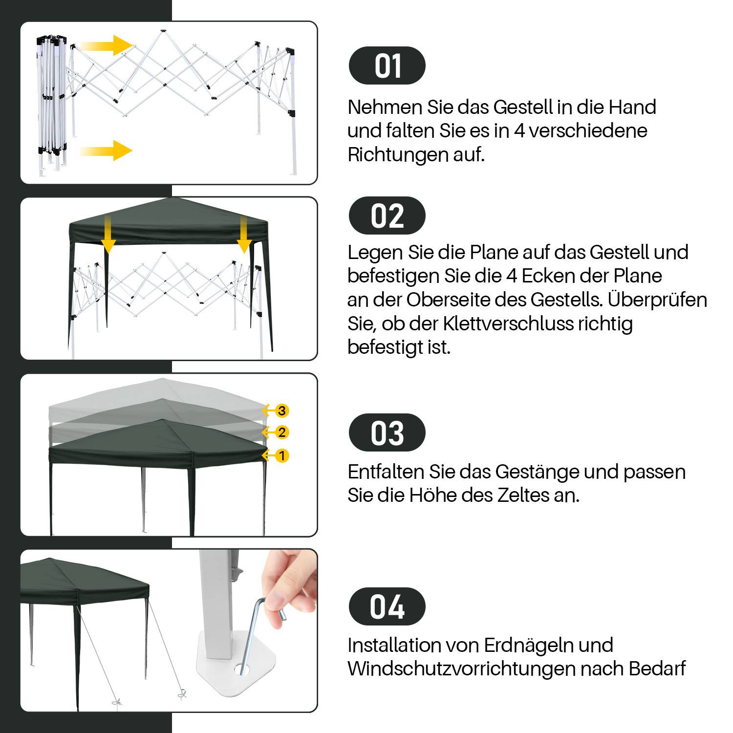 Schritt-für-Schritt-Anleitung zum Aufbau eines Zelts: 1) Gestell ausklappen. 2) Zeltdach an den Ecken des Gestells befestigen. 3) Zclthöhe einstellen. 4) Mit Heringen und Seilen sichern.