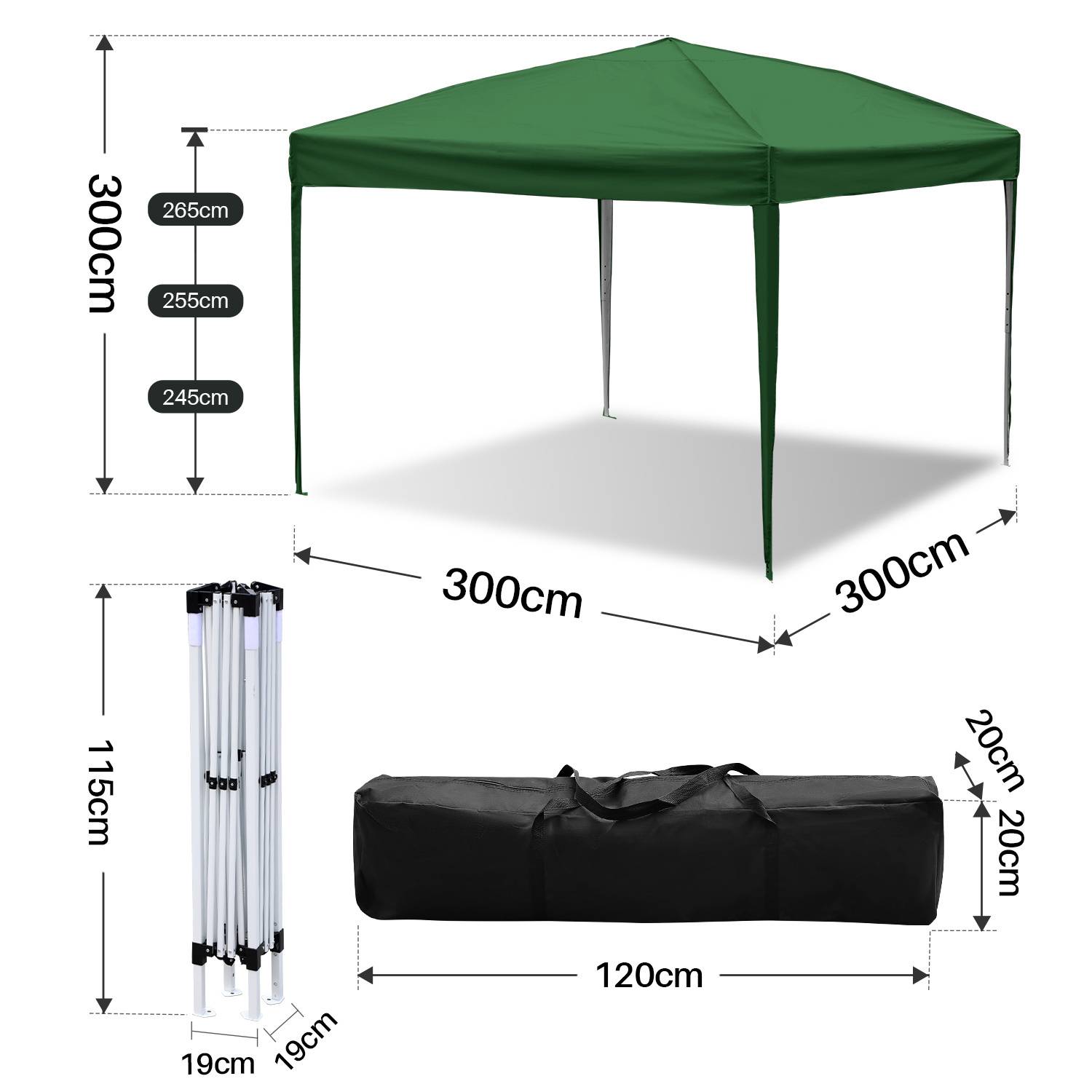 Ein grünes Baldachindachzelt mit 300 cm Länge und Breite, mit Höhenoptionen von 245 cm, 255 cm und 265 cm. Enthält einen klappbaren Rahmen und einen 120 cm Transportkoffer.