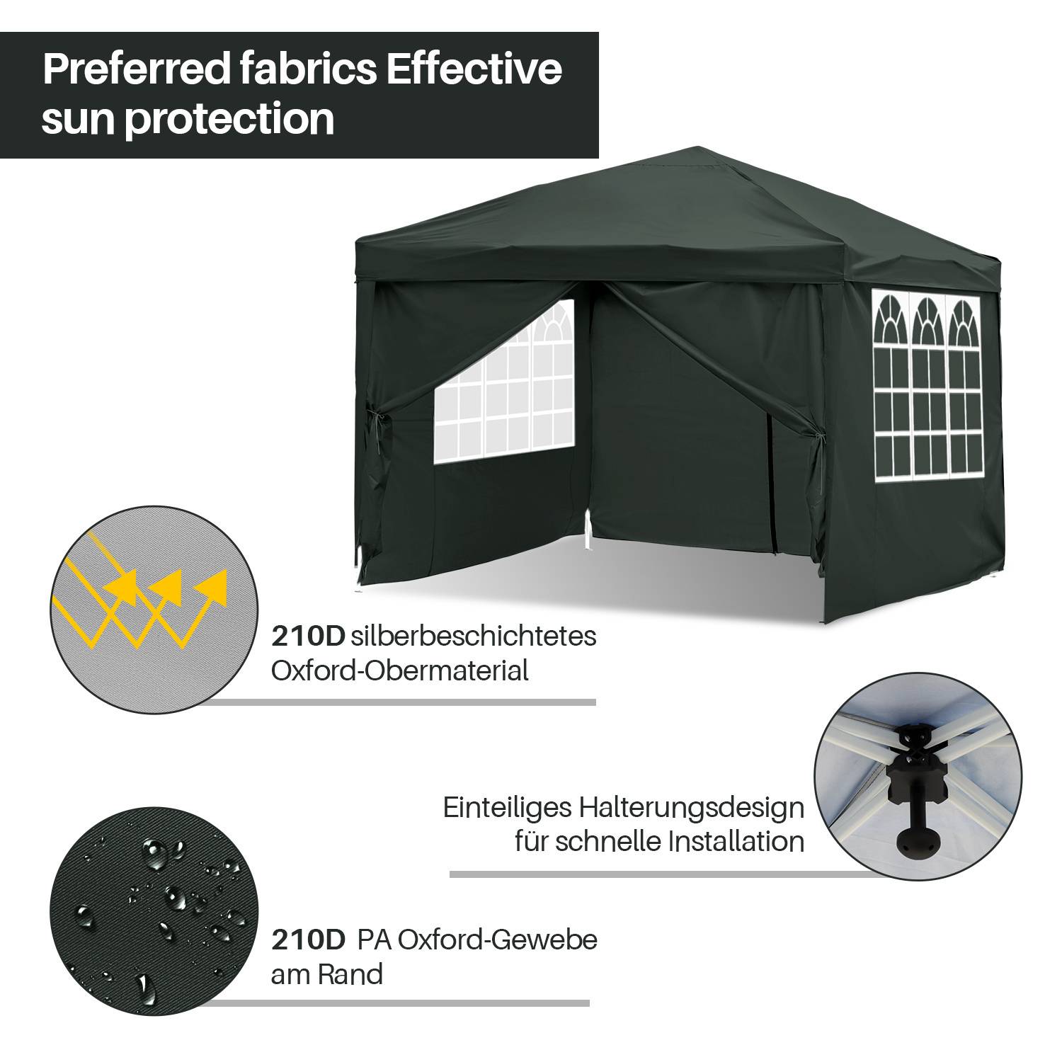 Grünes Zelt mit Fenstern, gekennzeichnet mit „Bevorzugte Stoffe Effektiver Sonnenschutz.