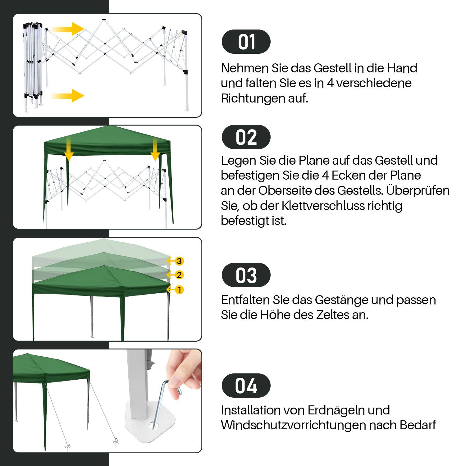 Bebilderte Anleitung zeigt Schritte zum Zusammenbau einer Gartenlaube: Rahmen ausklappen, Abdeckung anbringen, Höhe einstellen, Anker installieren und Windschutz montieren.