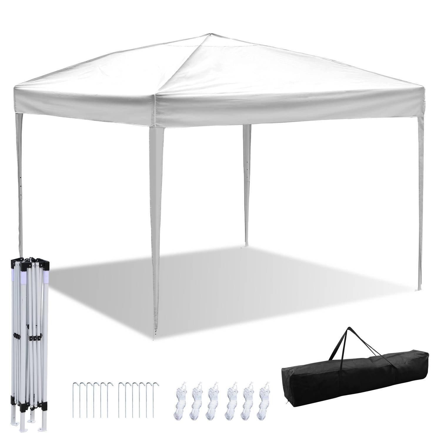 Ein weißes Pop-up-Baldachindach mit verstellbaren Beinen wird gezeigt, zusammen mit Heringen, Seilen und einer Tragetasche. Ideal für Outdoor-Veranstaltungen.
