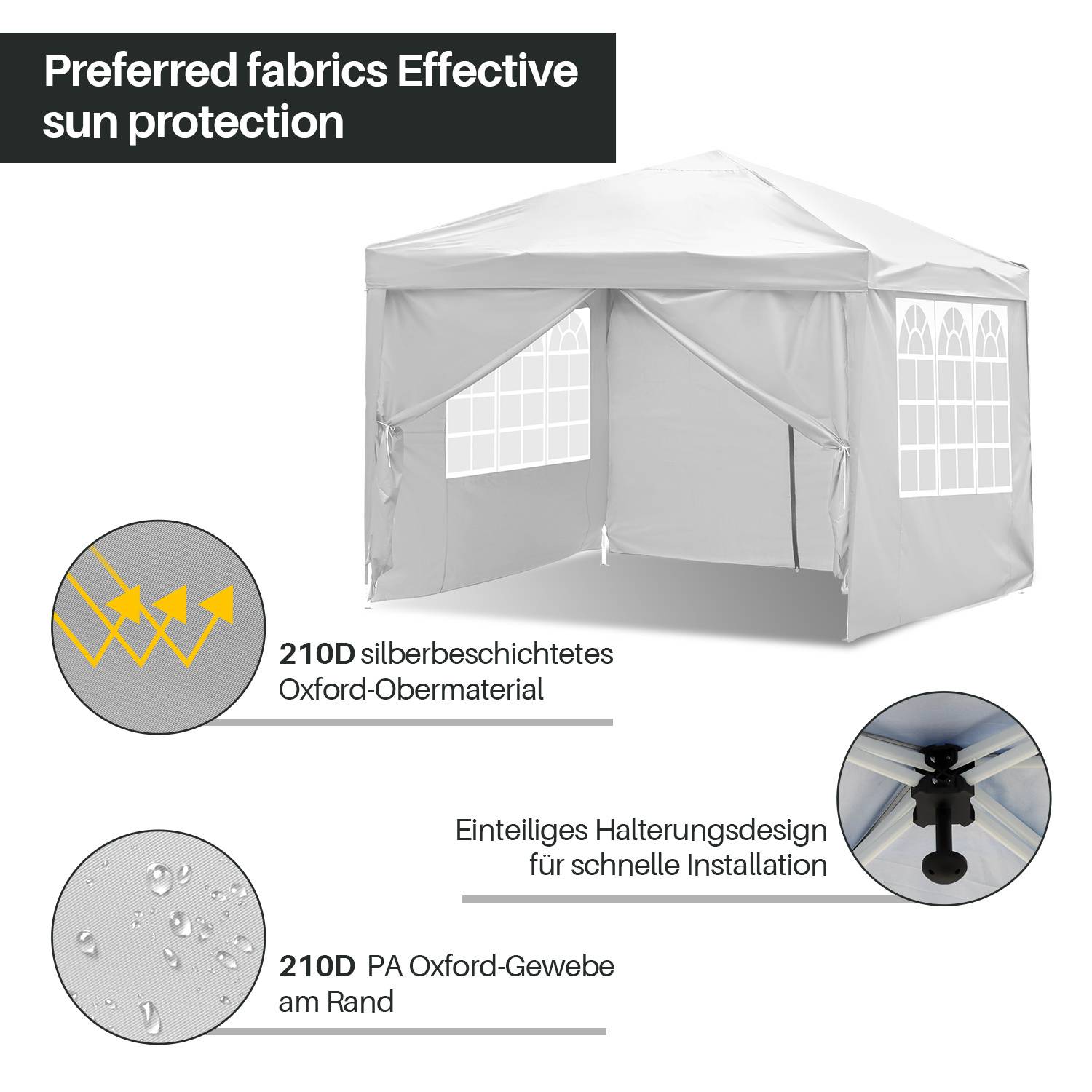Ein weißes überdachtes Außenzelt mit gewölbten Fenstern und gekennzeichneten Stoffdetails: '210D silberbeschichtetes Oxford-Material', 'Schnelle Montage', '210D PA-Kante'.
