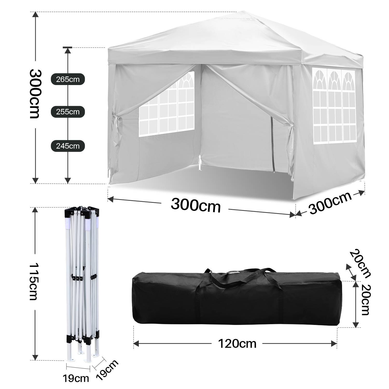 Weißes Pop-Up-Zelt, Abmessungen 300x300 cm, Höhe 245-265 cm. Inklusive zusammengeklapptem Gestell (115 cm hoch) und einer 120 cm Transporttasche.