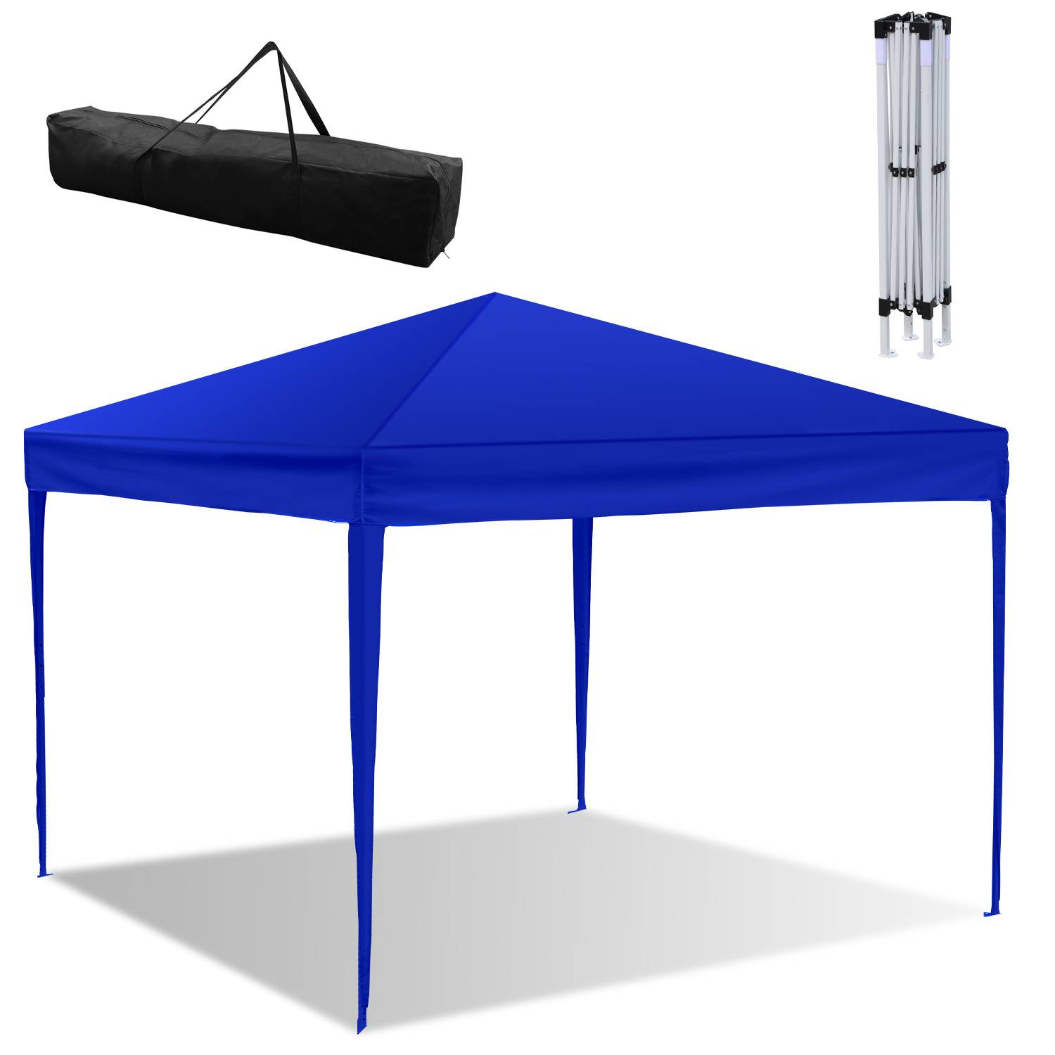 Blaugraues Pop-up-Baldachindach mit zusammenklappbarem Rahmen, vollständig aufgebaut dargestellt. Enthält eine Tragetasche zur Lagerung und zum Transport.