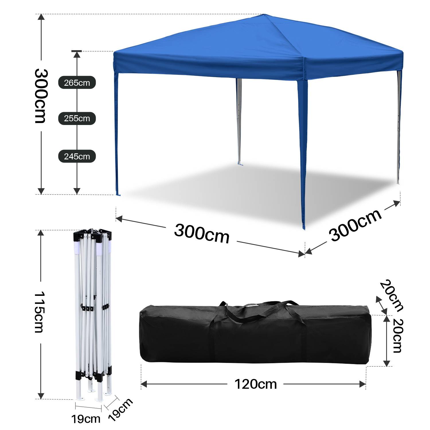 Zusammenklappbares blaues Pavillon-Zelt, 300cm x 300cm, Höhe verstellbar von 245cm bis 285cm. Inklusive zusammengeklapptem Rahmen und 120cm Tragetasche.