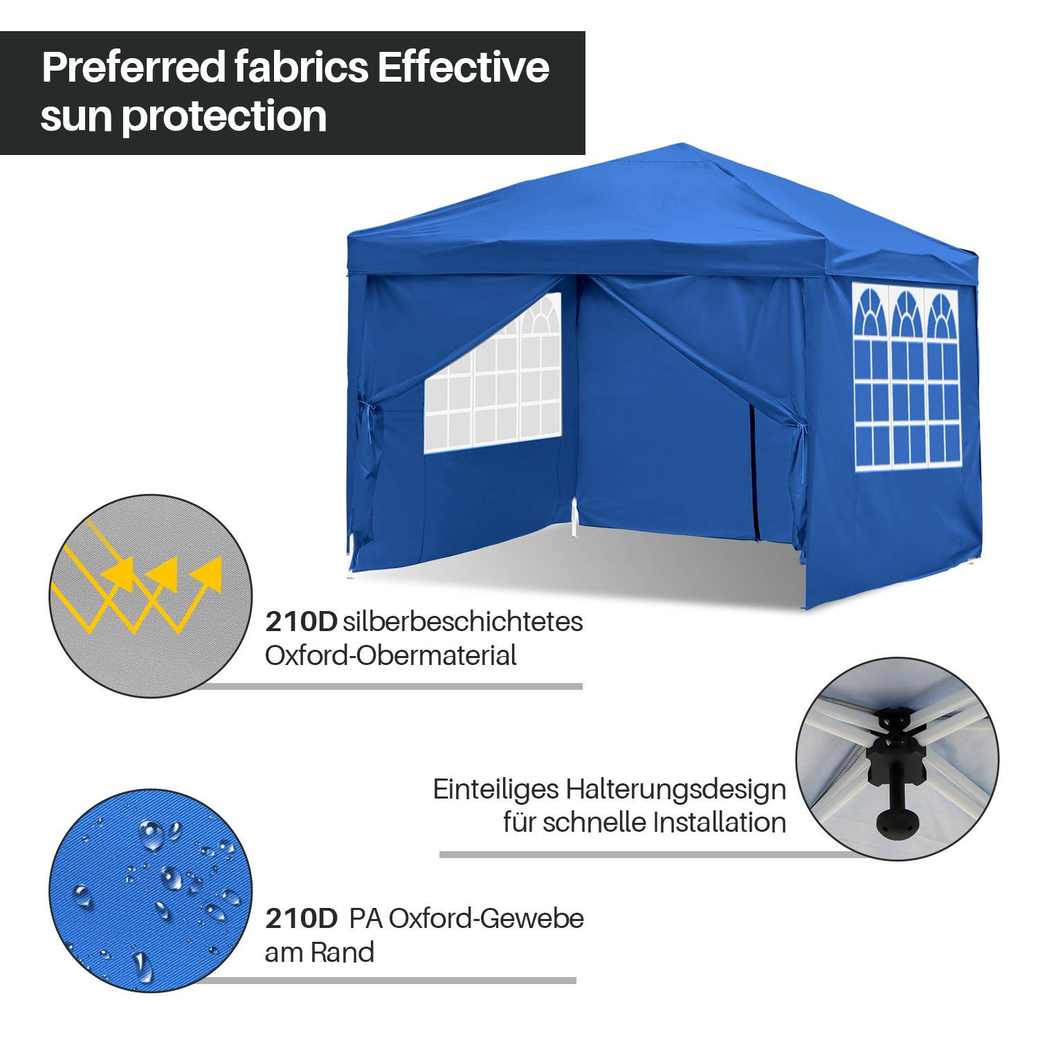Blauer Pavillon mit Fensterfeldern, gekennzeichnet mit „Bevorzugte Stoffe Wirksamer Sonnenschutz