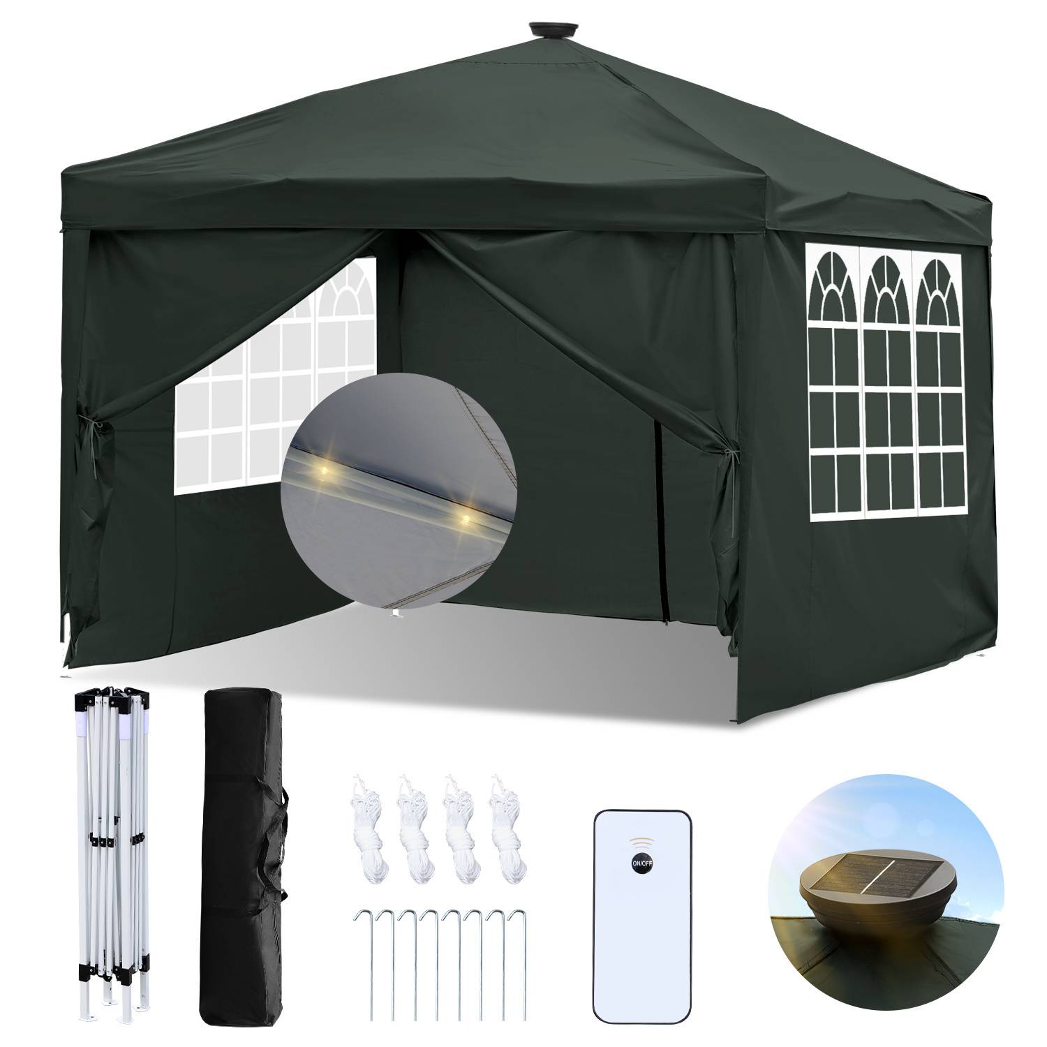 Grünes Pop-Up-Zelt mit Fenstern, innenleuchteten Lichtern und Solarpanel. Inklusive Tragetasche, Heringe, Seile und Gestell.