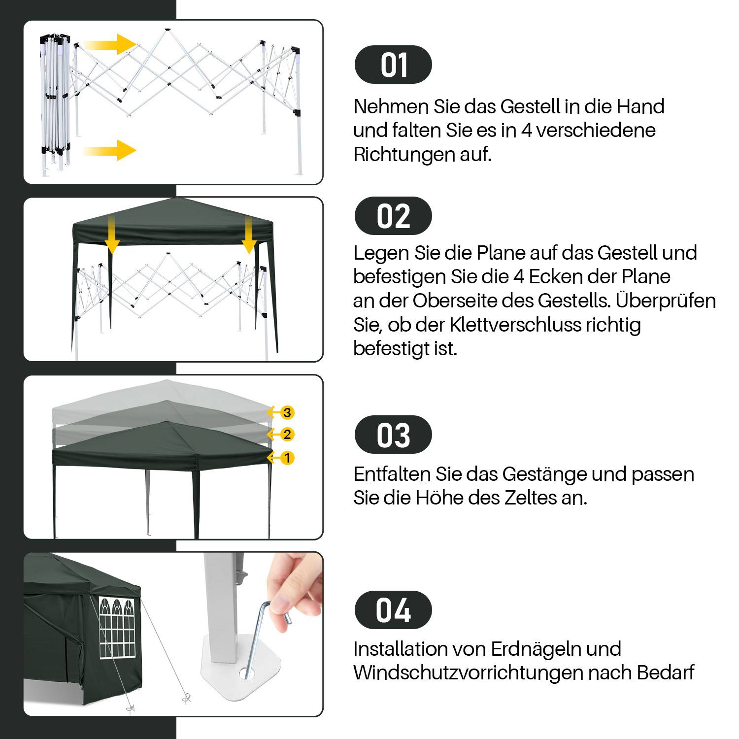 Montageanleitung für Zelt: 1. Gestell entfalten; 2. Plane befestigen; 3. Höhe einstellen; 4. Zubehör anbringen.