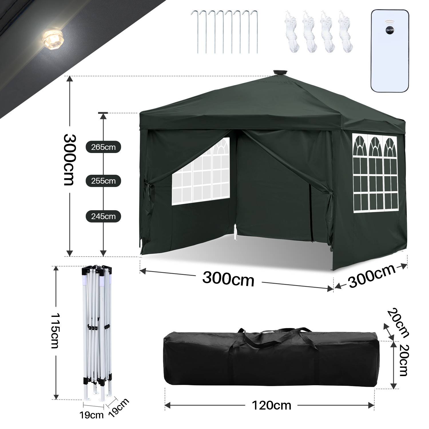 Ein grünes Zelt mit Fensterdesigns an den Seiten wird vollständig aufgebaut gezeigt, mit Abmessungen von 300 cm pro Seite und 265 cm auf seiner höchsten Stelle. Enthält Tragetasche und Gestell, das zerlegt gezeigt wird.