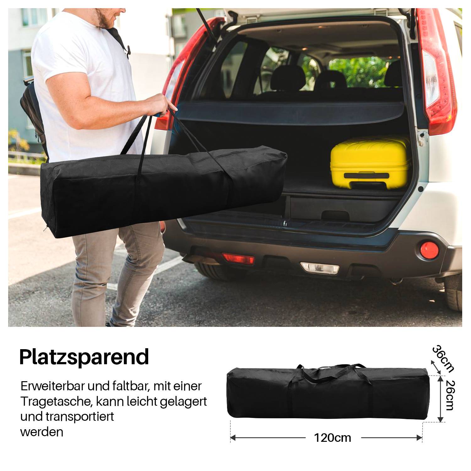 Eine Person legt eine gefaltete, große schwarze Tasche in einen Kofferraum. Der Text darunter lautet „Platzsparend