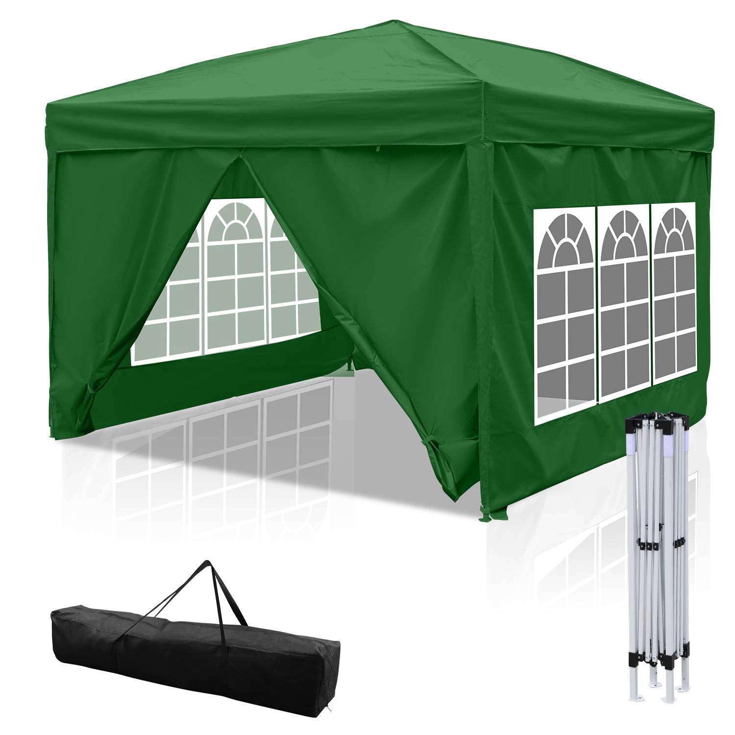 Grünes Outdoor-Pavillon-Zelt mit zwei Seitenpaneelen mit Fenster, zusammenklappbarem weißem Gestell und schwarzer Tragetasche, geeignet für Gartenfeste.