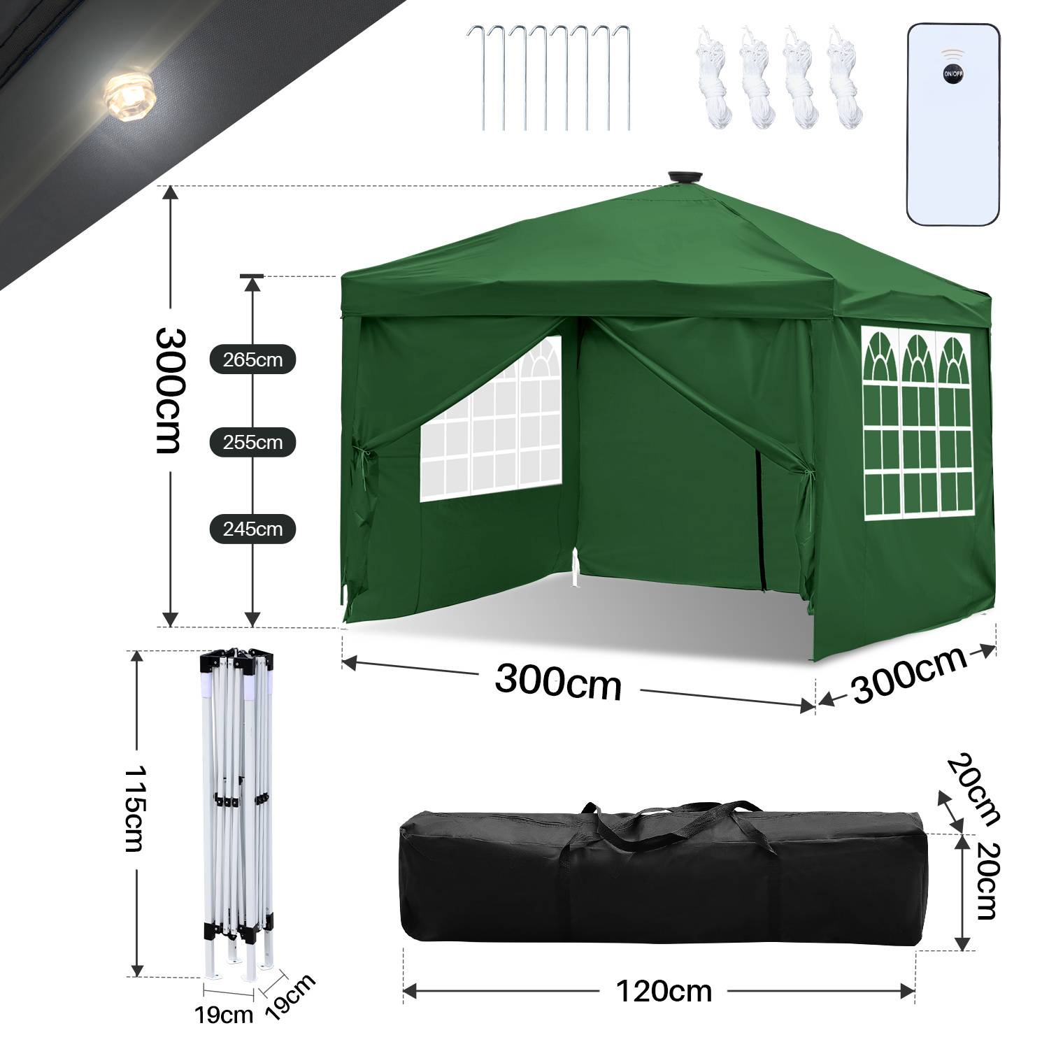 Ein grünes Pop-up-Baldachindach mit Seitenfenstern, Abmessungen 300x300 cm, und Heringe, Seile sowie eine Tragetasche für das Camping-Setup gezeigt.