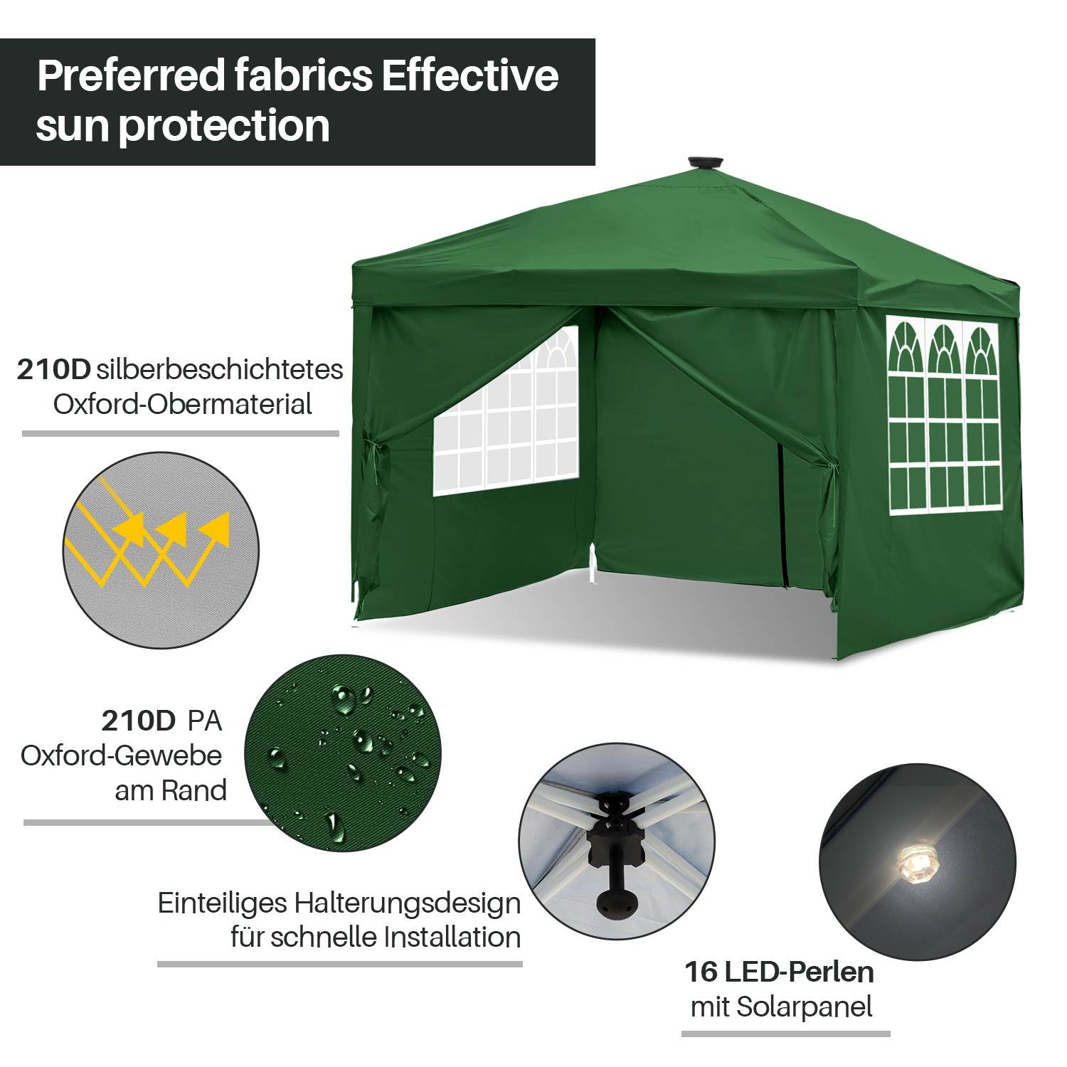 Bevorzugte Stoffe Effektiver Sonnenschutz' Text über einem grünen Zelt mit Fenster, hervorheben von Stoffhaltbarkeit und Funktionen wie Solarpanel LED-Leuchten.