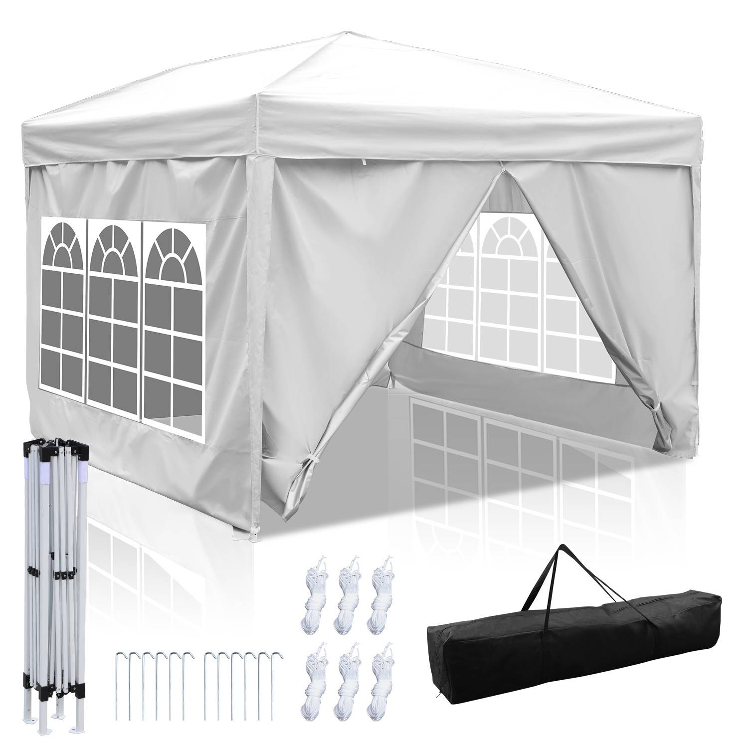 Großes weißes Pop-up-Pavillon-Zelt mit Fenstern und offener Vorderseite. Inklusive Stützstangen, Heringe, Seile und schwarzer Tragetasche.