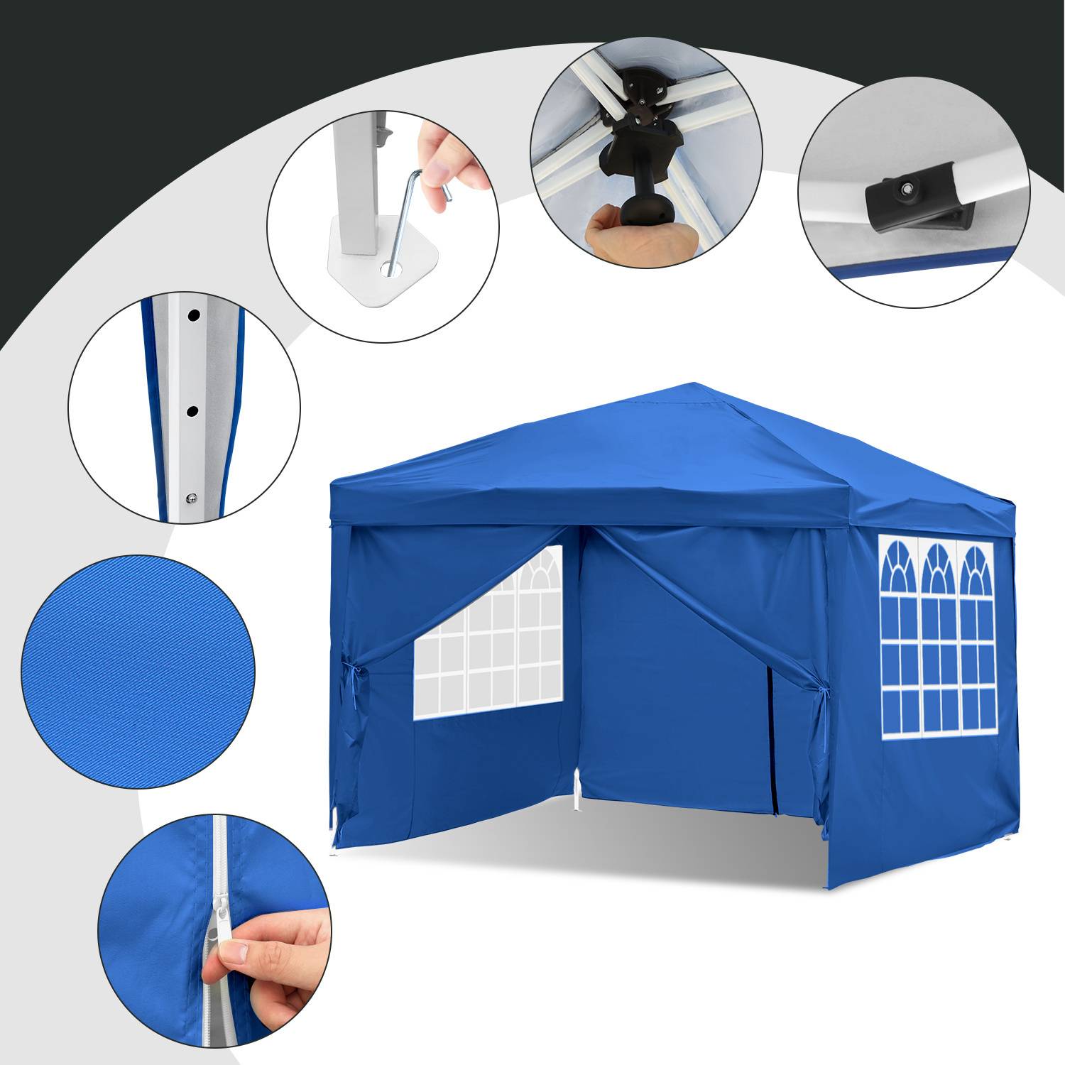 Blaues Pop-up-Pavillon-Zelt mit Seitenwänden, die Fenster, Reißverschluss-Eingang und Rahmenverbinder aufweisen. Nahaufnahmen zeigen Montagedetails.