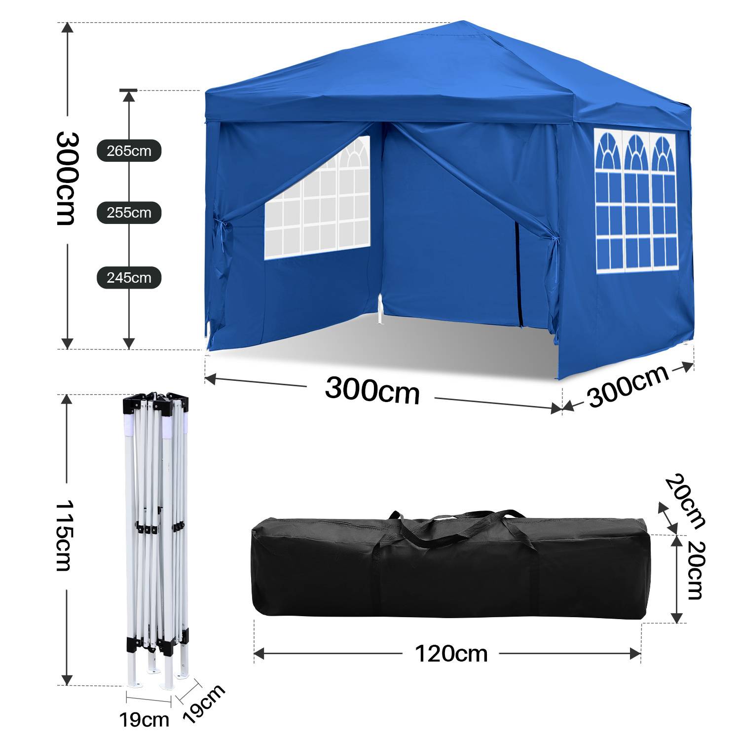 Blaues Zelt 300cm x 300cm mit Fenstermuster, montiert und zusammengefaltet dargestellt. Abmessungen und Transporttasche angegeben: 120cm Taschenlänge.