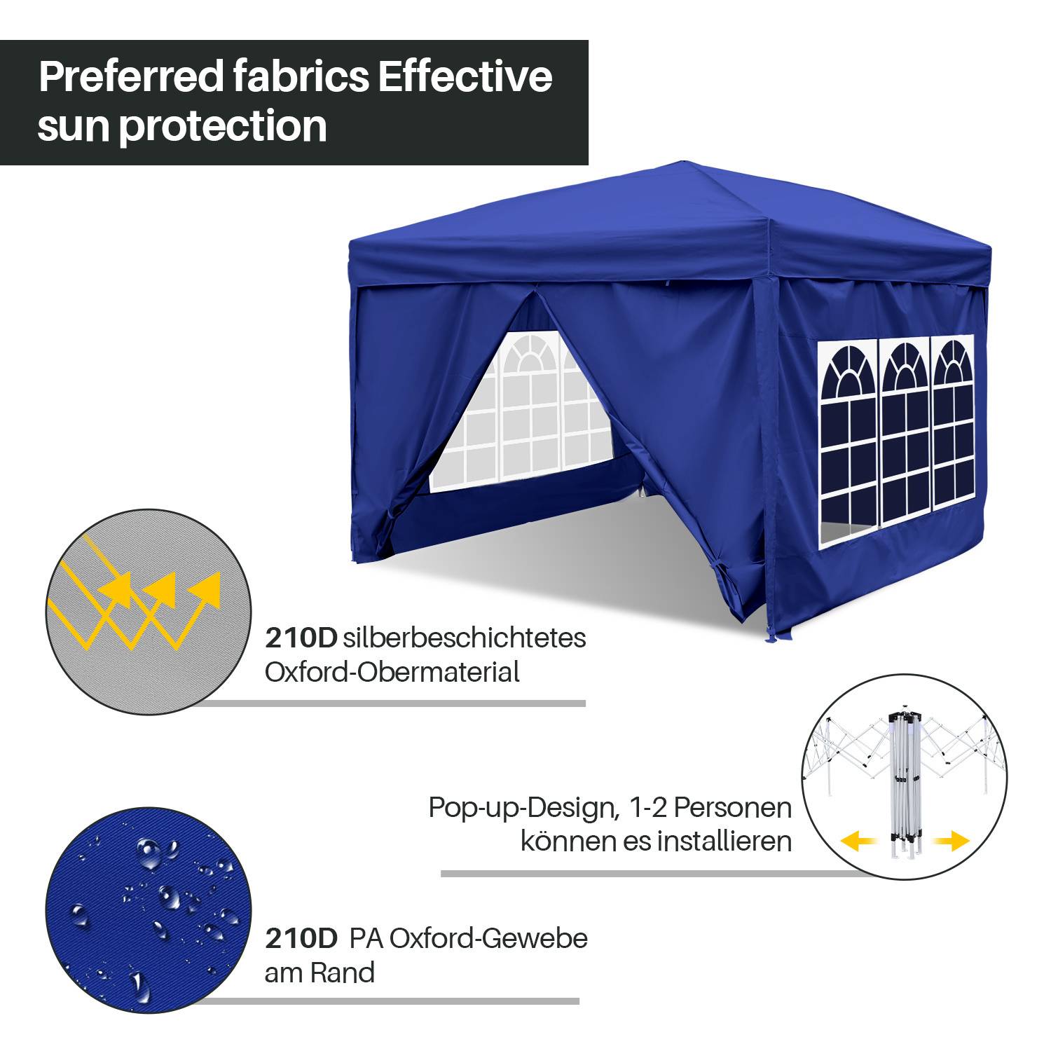 Blaues Pop-up-Pavillon-Zelt mit Fenstern, bietet effektiven Sonnenschutz. Ausgestattet mit silberbeschichteter Oxford-Stoff. Einfache Installation durch 1-2 Personen.
