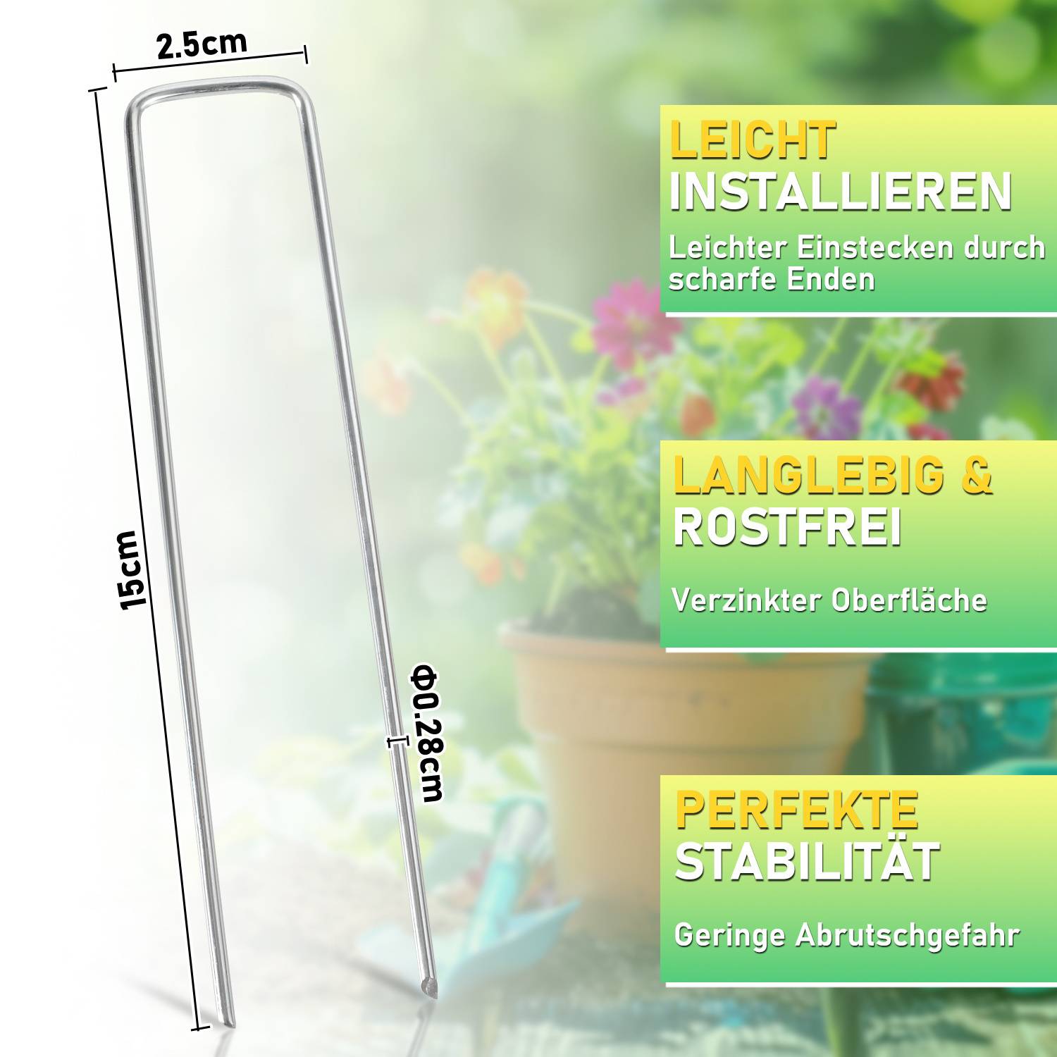 Nahaufnahme eines U-förmigen Stifts mit Maßangaben: 2,5 cm breit, 15 cm lang, 0,28 cm dick. Der Text hebt folgende Eigenschaften hervor: „Einfache Installation