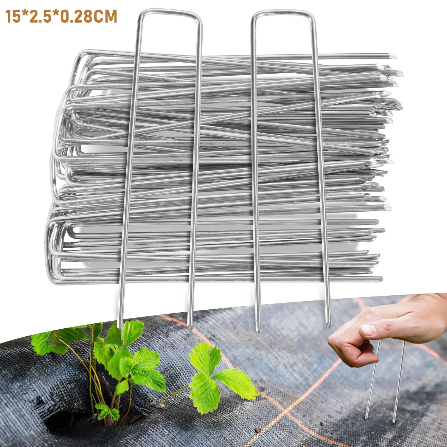 Eine Hand verwendet Metallklammern, um Landschaftsvliesstoffe über Erde mit jungen Pflanzen zu befestigen. Die Klammern messen 15x2,5x0,28 Zentimeter.