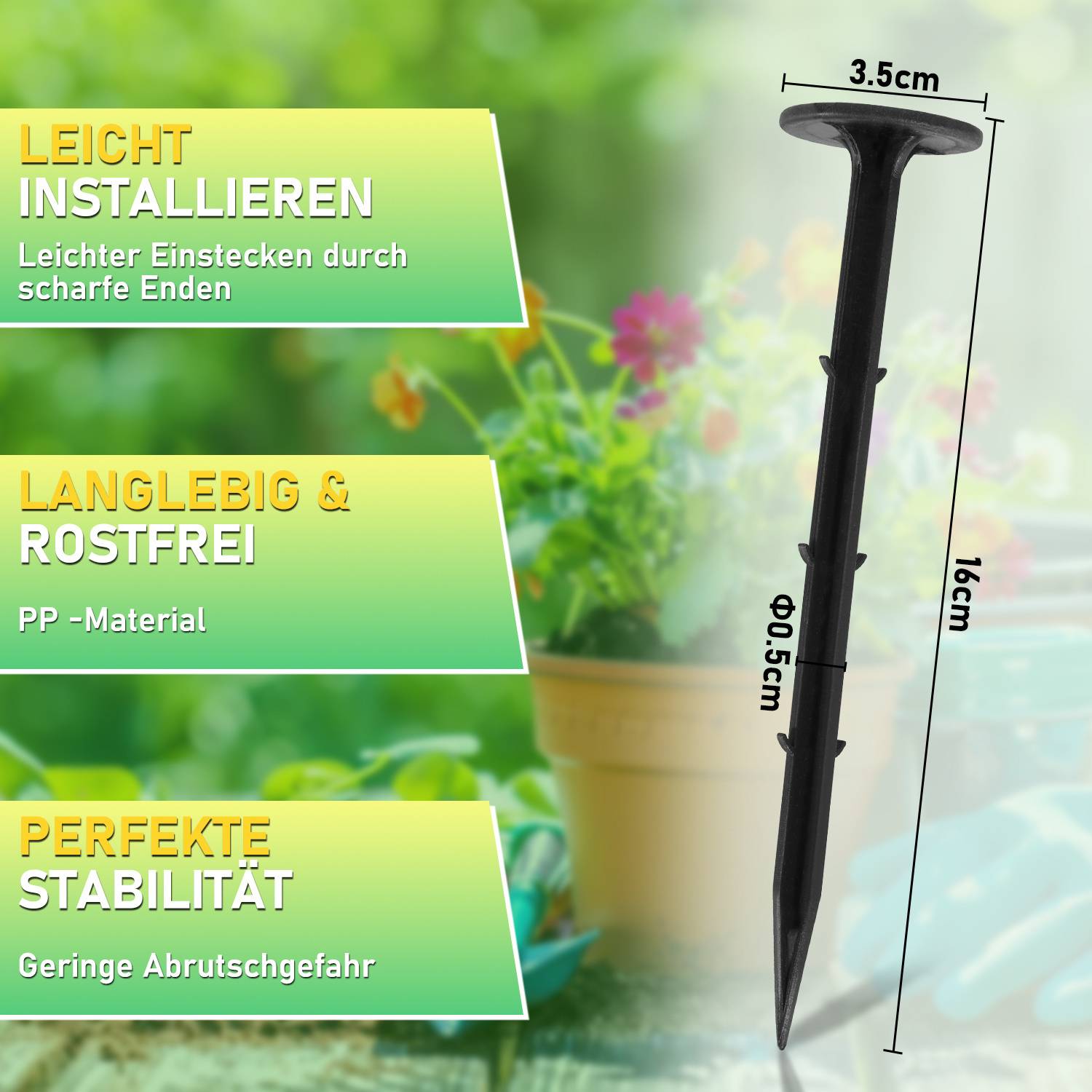 Ein schwarzer Gartenpflock wird mit Abmessungen von 3,5 cm × 16 cm gezeigt. Der Text hebt seine Eigenschaften hervor: einfache Installation, rostfrei und stabil.