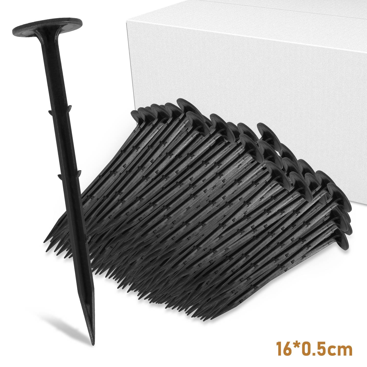Ein schwarzer Stapel von Kunststoff-Gartenstecken neben einer weißen Box. Ein aufrecht stehender Stecken zeigt Barben entlang seiner Seite. Text liest „16*0,5cm