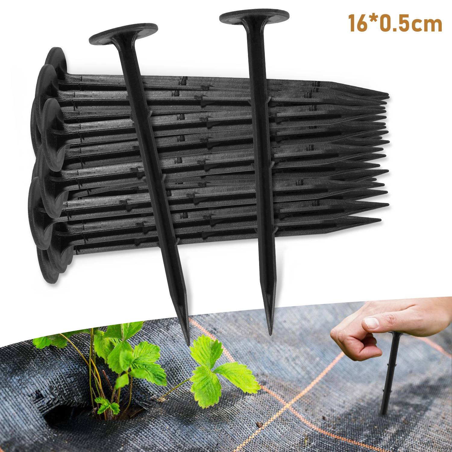 Eine Hand führt einen 16 cm langen Kunststoffpflock in ein Landschaftsvlies neben jungen Pflanzen ein und demonstriert damit das Abstecken von Gärten zur Unkrautkontrolle.