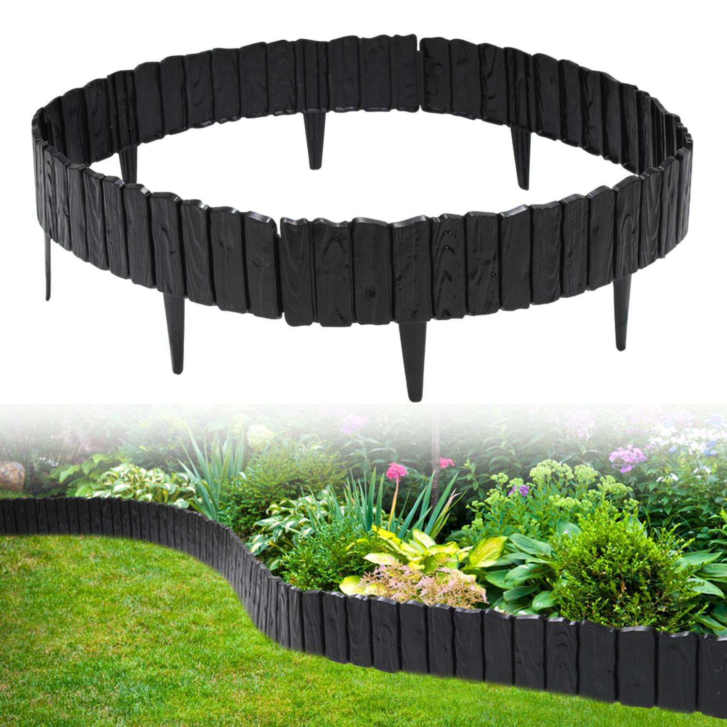 Dekorative schwarze Garteneinfassungssegmente bilden eine kreisförmige Umrandung um lebendige Blumenbeete und verbessern die Gartenästhetik.