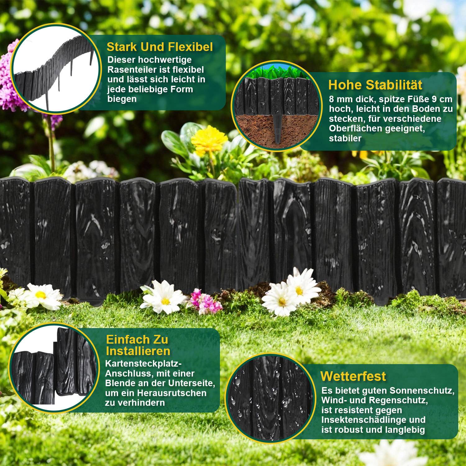 Das Bild zeigt einen schwarzen, stachelbewehrten Zaunrand mit deutschen Beschreibungen, die seine Flexibilität, Stabilität, einfache Installation und Witterungsbeständigkeit hervorheben, angebracht über einem Garten mit Gras und Blumen.