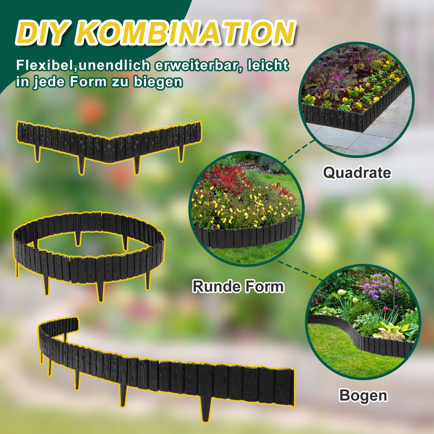 DIY-Garteneinfassungs-Set mit flexiblen Konfigurationsmöglichkeiten: quadratische, runde und geschwungene Formen für vielseitige Landschaftsgestaltungsdesigns.