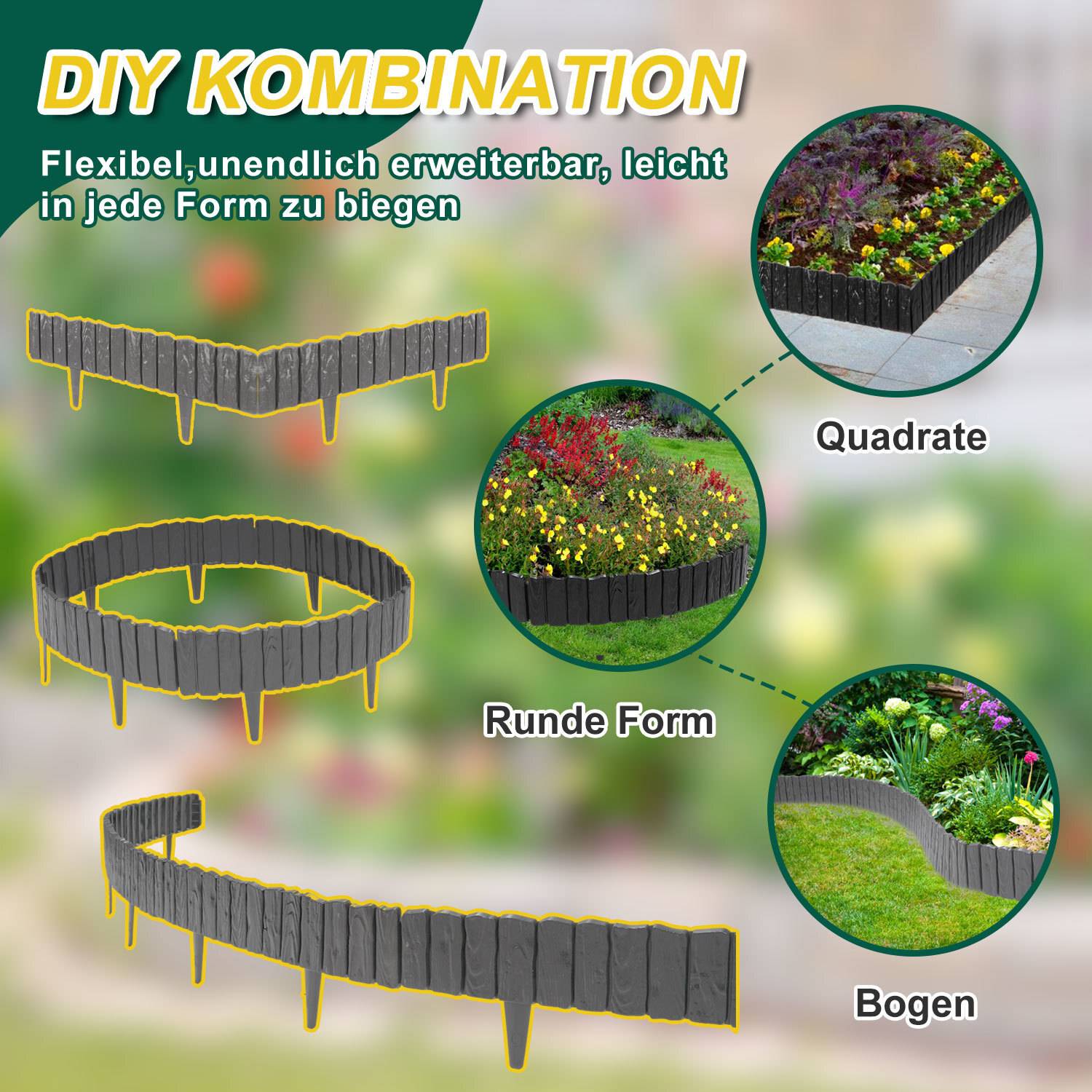 Vielfältige Gartenrahmenmöglichkeiten: quadratische, runde und geschwungene Formen, gezeigt mit dunklen steinähnlichen Paneelen, die flexible DIY-Kombinationen ermöglichen.