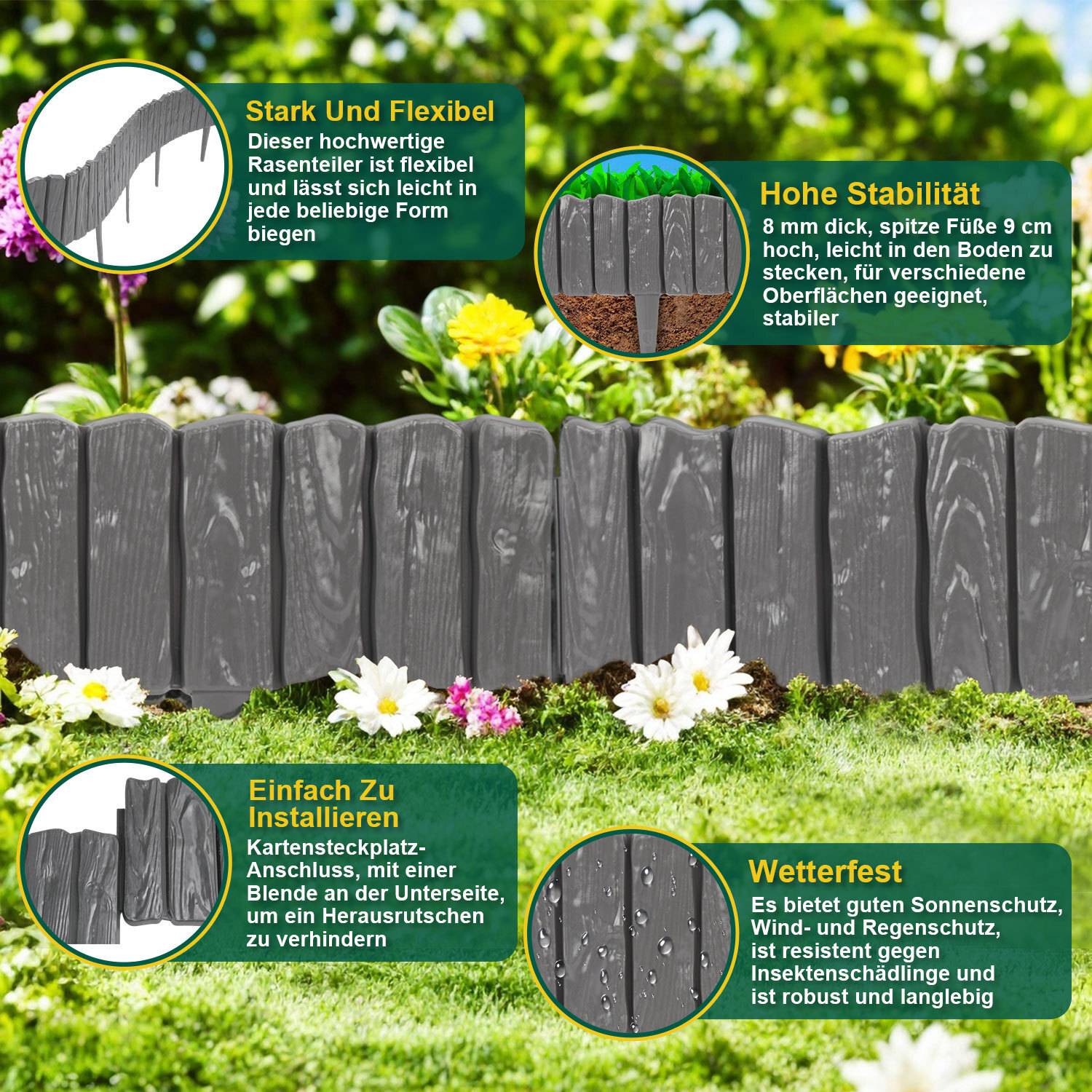 Ein graues, flexibles Garteneinfassungsprofil mit gewelltem Design und drei hervorgehobenen Merkmalen: Flexibilität, Stabilität und einfache Installation.