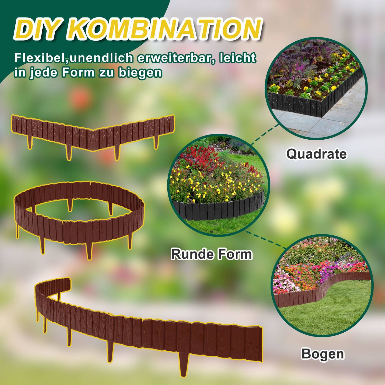 4 Stück Rasenkante Holzoptik Beeteinfassung Beetzaun Beetumrandung Kunststoff für Garten, Wiese 2,3m Braun