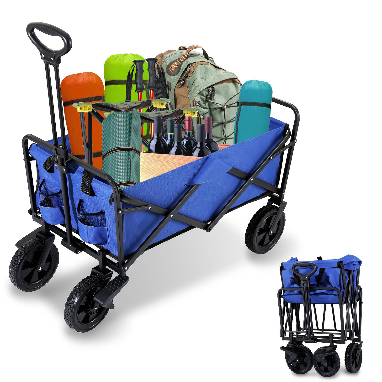 Ein zusammenklappbarer blauer Wagen gefüllt mit Campingausrüstung einschließlich eines Rucksacks, Schlafsäcken und Wasserflaschen, hervorgehoben neben einer zusammengeklappten Version.