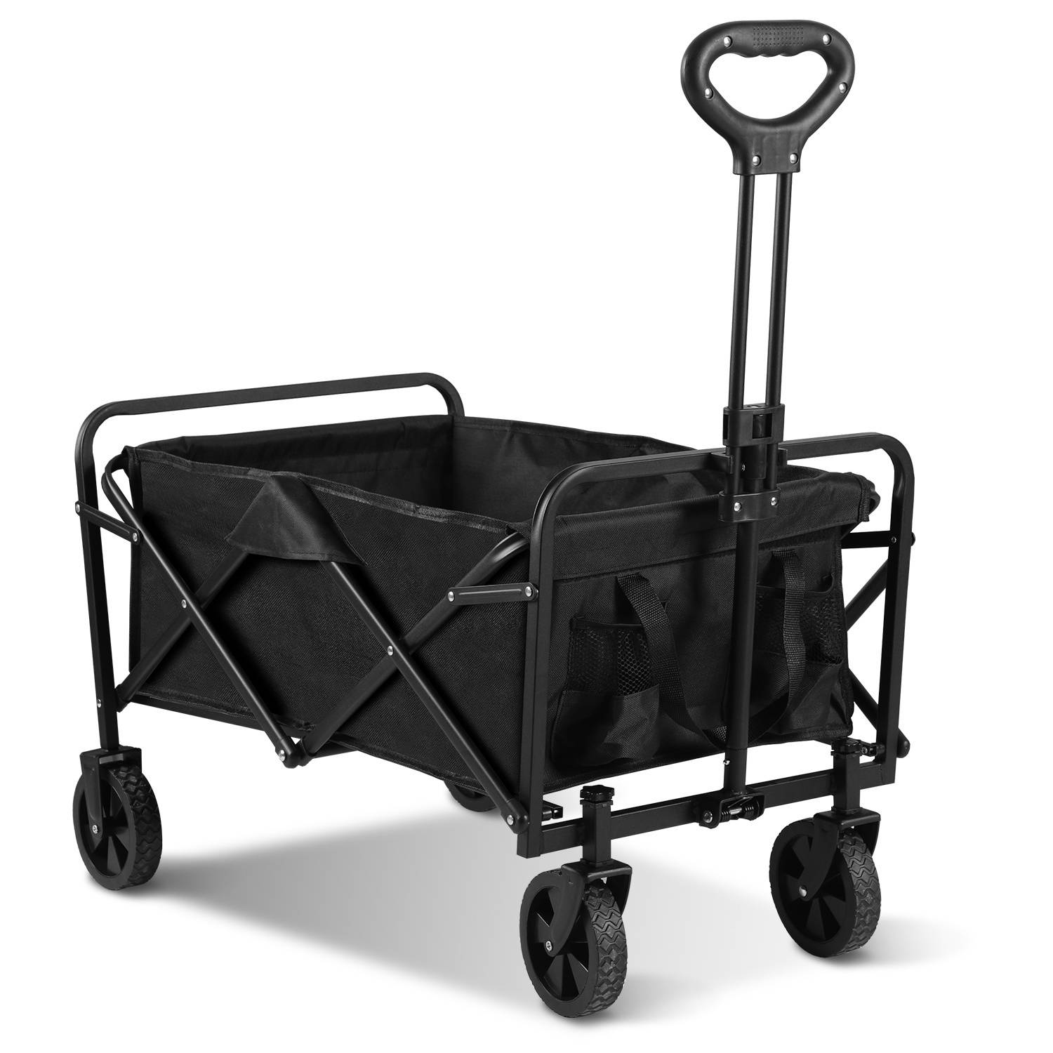 Ein schwarzer, faltbarer Handwagen mit Teleskopgriff und vier Rädern, entworfen zum Transport schwerer Lasten.